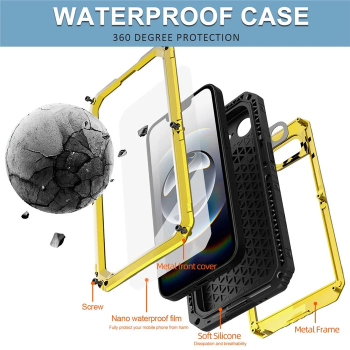 IP68 Waterproof Phone Case for iPhone 17e / 16e Metal + Silicone Cover with Screen Protector - Yellow - 5