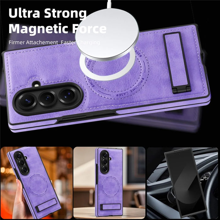 For Samsung Galaxy Z Fold7 5G Magnetic Case with Folded Kickstand PC Silicone Leather Phone Back Cover - Light Purple - 4