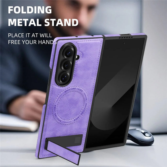 For Samsung Galaxy Z Fold7 5G Magnetic Case with Folded Kickstand PC Silicone Leather Phone Back Cover - Light Purple - 7