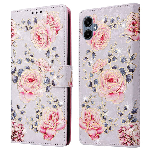 For Samsung Galaxy A08 5G / A08 4G / A07 4G / A06 4G / A06 5G Case RFID Blocking Flower Leather Phone Cover with Wrist Strap - Rose Flower - 1
