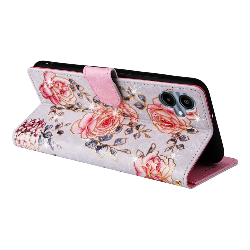 For Samsung Galaxy A08 5G / A08 4G / A07 4G / A06 4G / A06 5G Case RFID Blocking Flower Leather Phone Cover with Wrist Strap - Rose Flower - 4