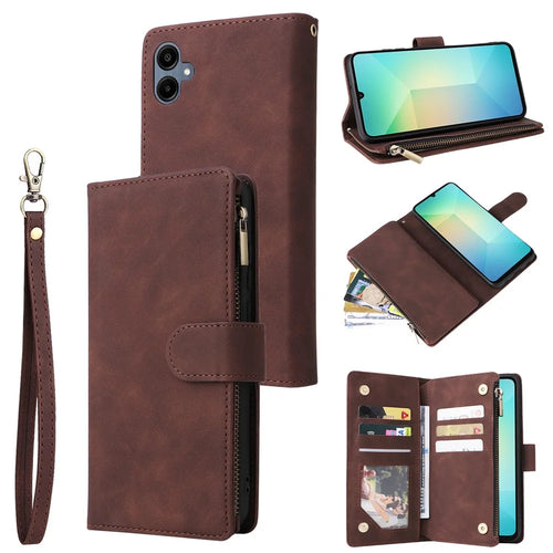 For Samsung Galaxy A08 5G / A08 4G / A07 4G / A06 4G / A06 5G Case Zipper Wallet Multiple Card Slots Leather Phone Cover with Wrist Strap - Coffee - 1