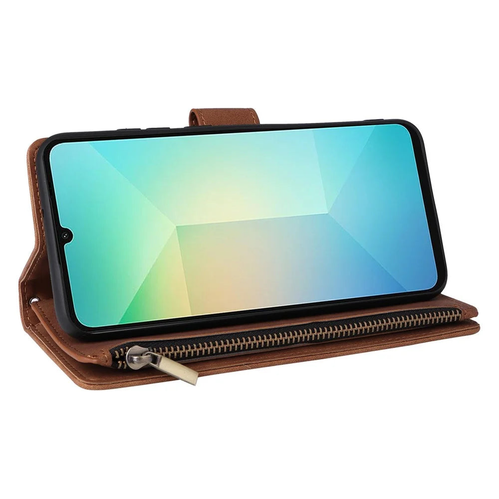 For Samsung Galaxy A08 5G / A08 4G / A07 4G / A06 4G / A06 5G Case Zipper Wallet Multiple Card Slots Leather Phone Cover with Wrist Strap - Coffee - 2