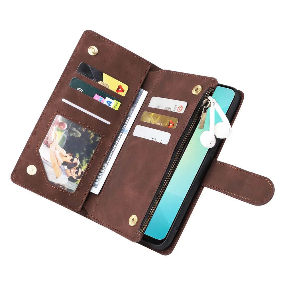 For Samsung Galaxy A08 5G / A08 4G / A07 4G / A06 4G / A06 5G Case Zipper Wallet Multiple Card Slots Leather Phone Cover with Wrist Strap - Coffee - 3