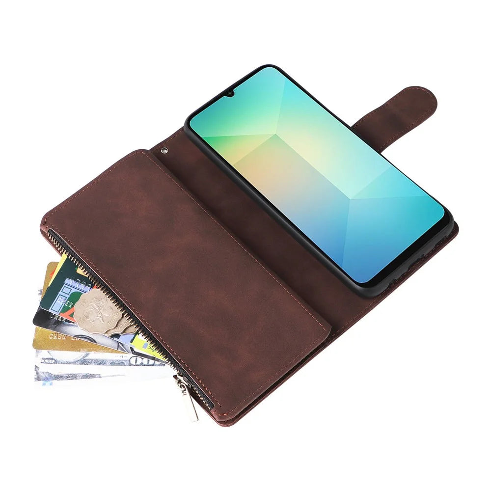 For Samsung Galaxy A08 5G / A08 4G / A07 4G / A06 4G / A06 5G Case Zipper Wallet Multiple Card Slots Leather Phone Cover with Wrist Strap - Coffee - 4
