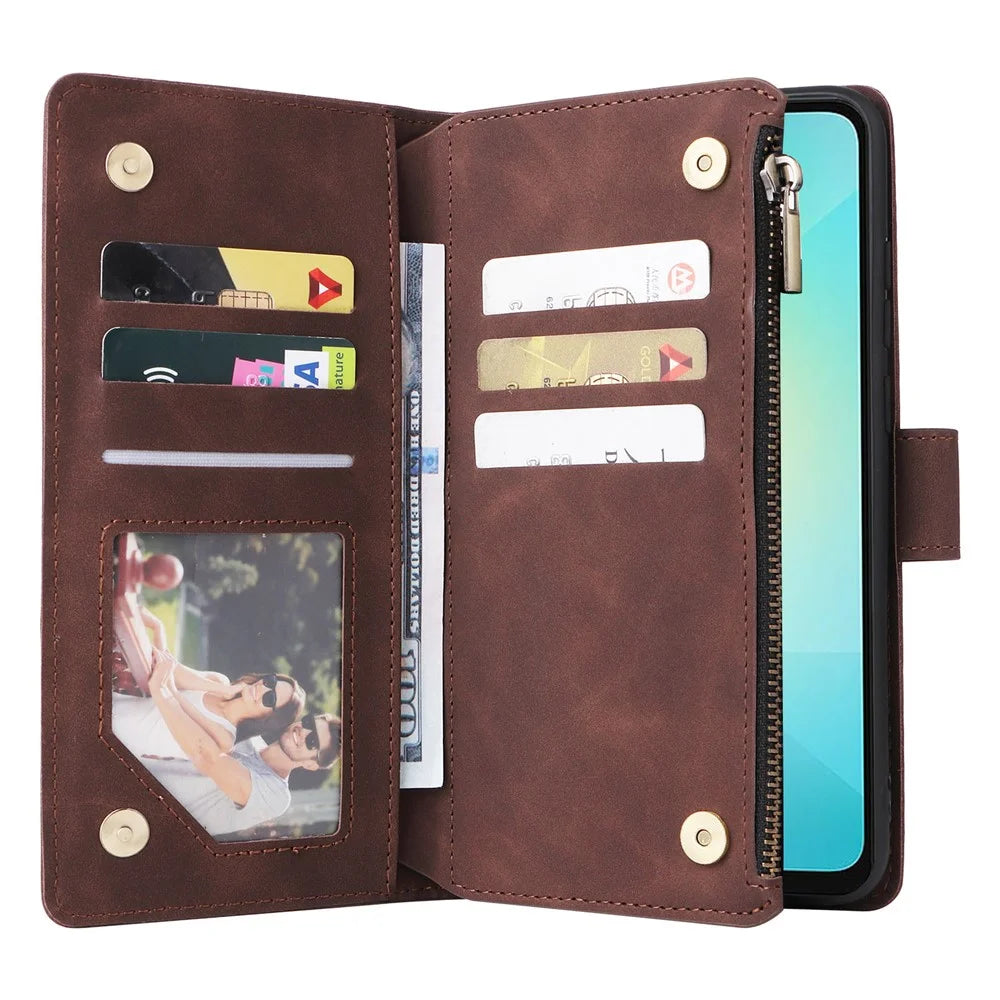 For Samsung Galaxy A08 5G / A08 4G / A07 4G / A06 4G / A06 5G Case Zipper Wallet Multiple Card Slots Leather Phone Cover with Wrist Strap - Coffee - 5