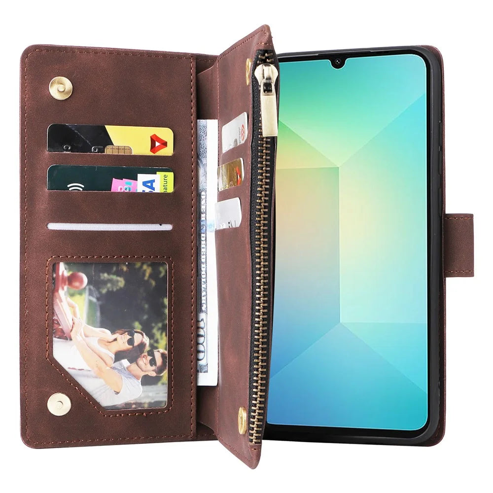 For Samsung Galaxy A08 5G / A08 4G / A07 4G / A06 4G / A06 5G Case Zipper Wallet Multiple Card Slots Leather Phone Cover with Wrist Strap - Coffee - 6