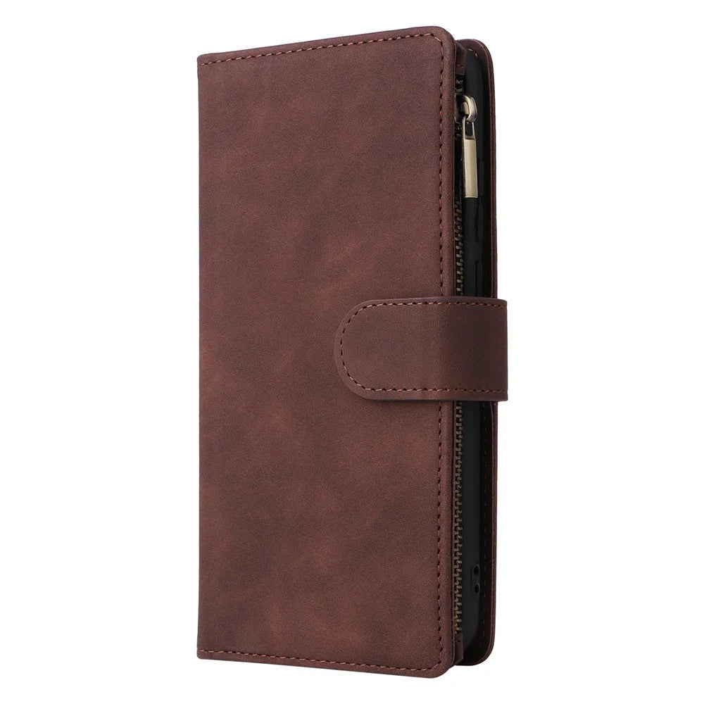 For Samsung Galaxy A08 5G / A08 4G / A07 4G / A06 4G / A06 5G Case Zipper Wallet Multiple Card Slots Leather Phone Cover with Wrist Strap - Coffee - 7