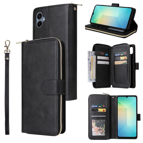 For Samsung Galaxy A08 5G / A08 4G / A07 4G / A06 4G / A06 5G Case Zipper Pocket PU Leather Phone Cover with Hand Strap - Black - 1