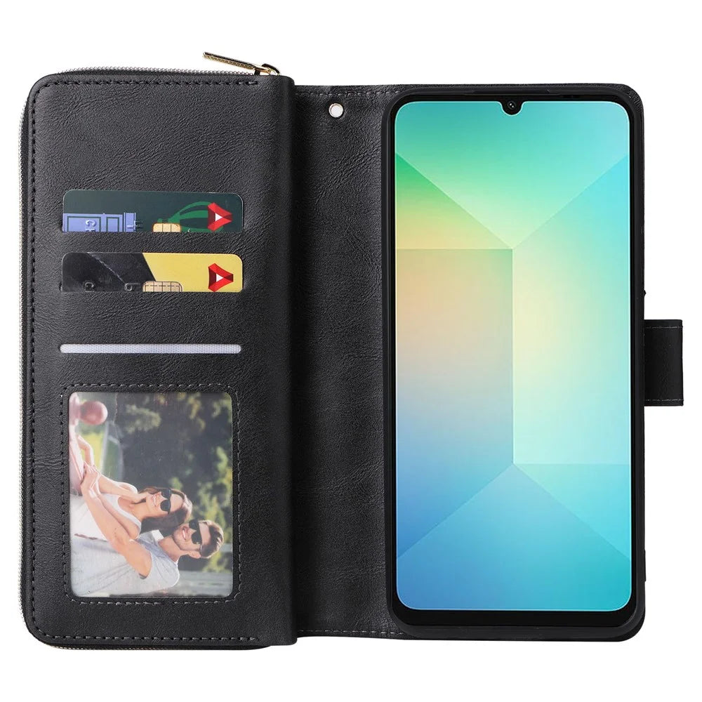 For Samsung Galaxy A08 5G / A08 4G / A07 4G / A06 4G / A06 5G Case Zipper Pocket PU Leather Phone Cover with Hand Strap - Black - 3