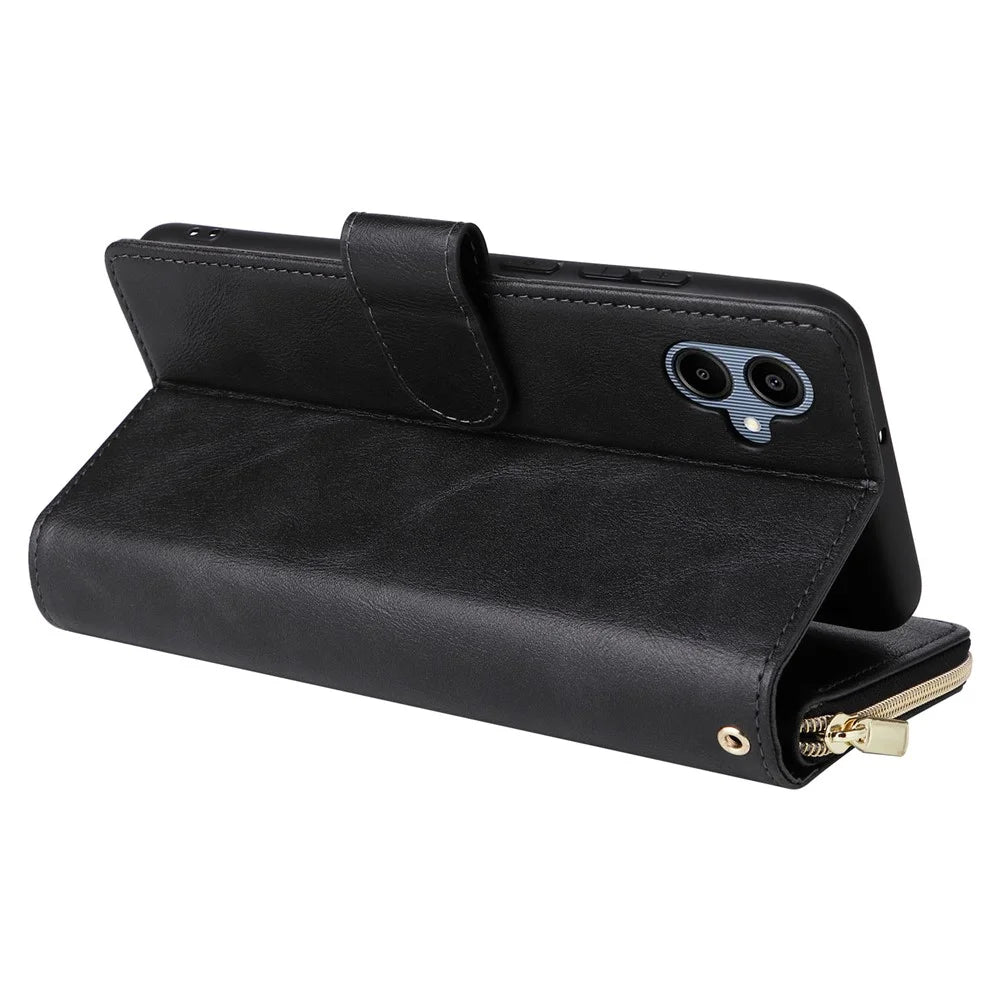 For Samsung Galaxy A08 5G / A08 4G / A07 4G / A06 4G / A06 5G Case Zipper Pocket PU Leather Phone Cover with Hand Strap - Black - 5