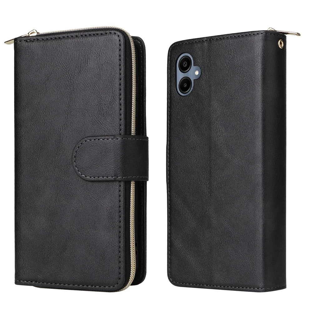 For Samsung Galaxy A08 5G / A08 4G / A07 4G / A06 4G / A06 5G Case Zipper Pocket PU Leather Phone Cover with Hand Strap - Black - 6