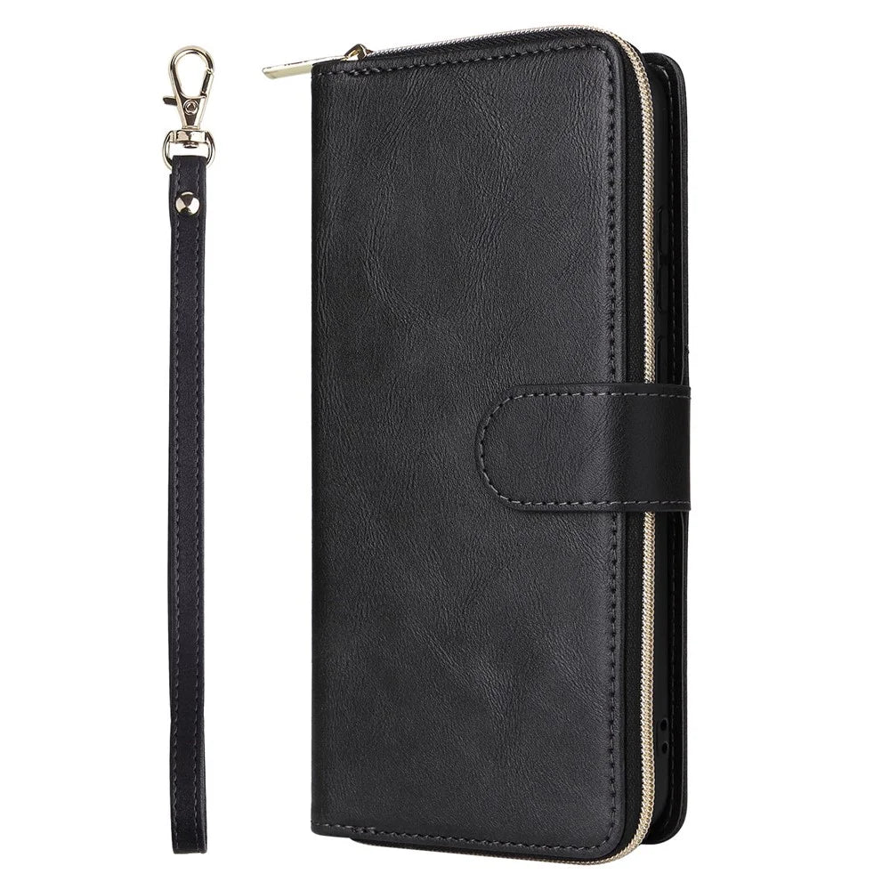 For Samsung Galaxy A08 5G / A08 4G / A07 4G / A06 4G / A06 5G Case Zipper Pocket PU Leather Phone Cover with Hand Strap - Black - 7
