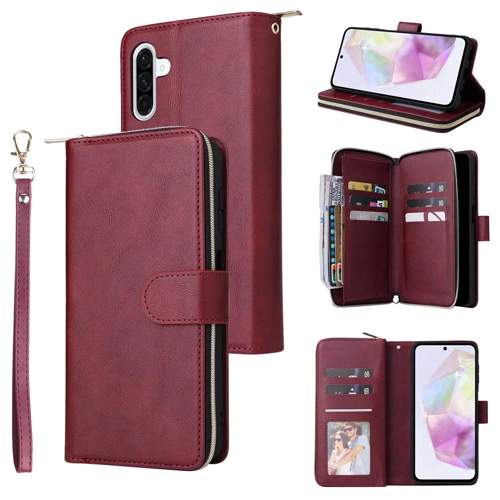 For Samsung Galaxy A18 5G / A17 5G / A17 4G / A26 5G Case Zipper Pocket PU Leather Phone Cover with Hand Strap - Wine Red - 1