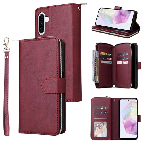 For Samsung Galaxy A18 5G / A17 5G / A17 4G / A26 5G Case Zipper Pocket PU Leather Phone Cover with Hand Strap - Wine Red - 1