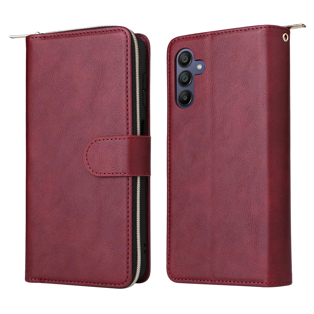 For Samsung Galaxy A18 5G / A17 5G / A17 4G / A26 5G Case Zipper Pocket PU Leather Phone Cover with Hand Strap - Wine Red - 6