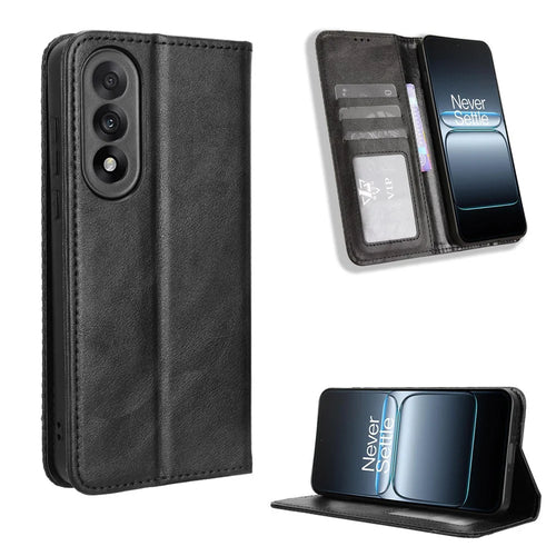 For OnePlus Nord 5 5G / Ace 5 Ultra 5G Leather Case Wallet Stand Retro Texture Phone Cover - Black - 1