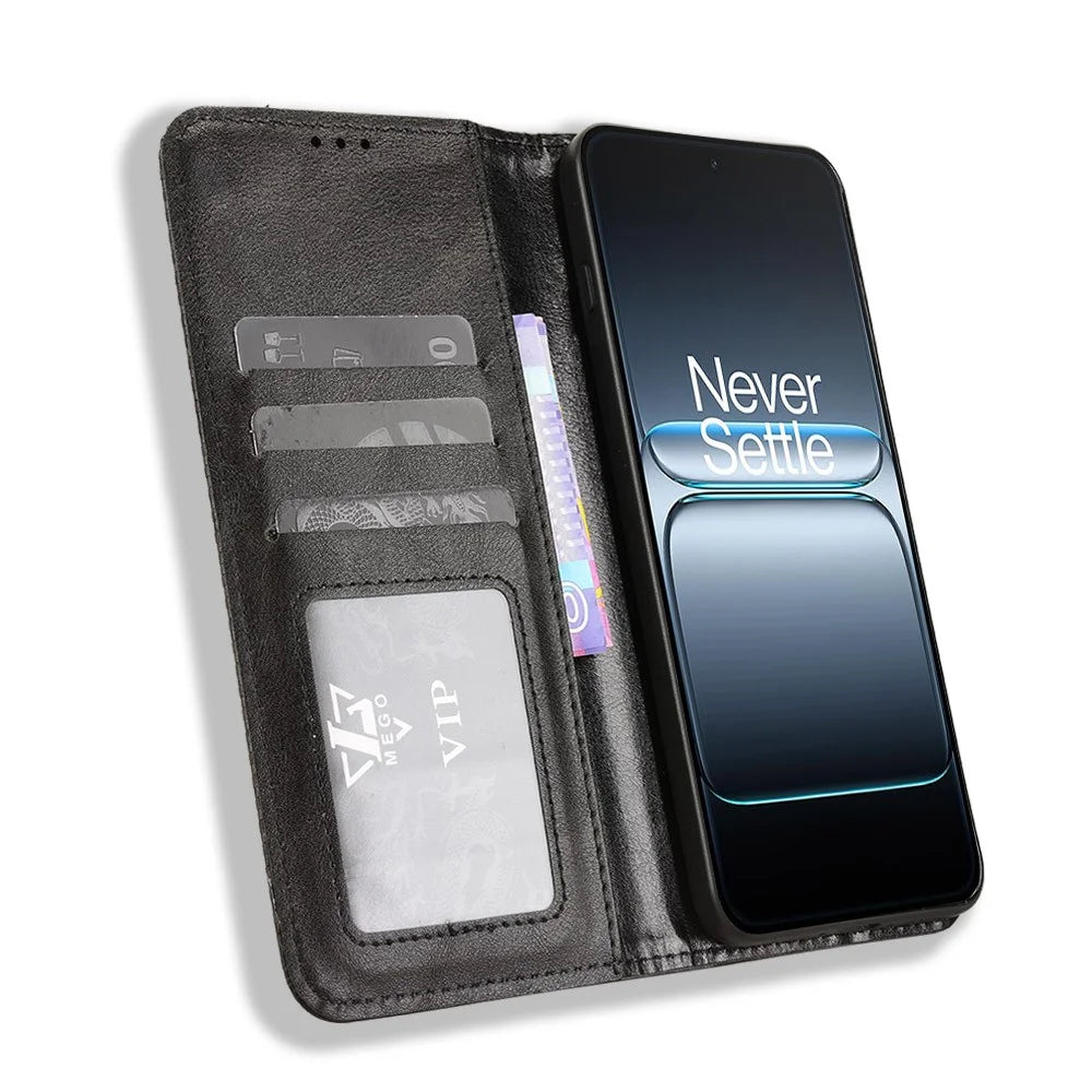 For OnePlus Nord 5 5G / Ace 5 Ultra 5G Leather Case Wallet Stand Retro Texture Phone Cover - Black - 6
