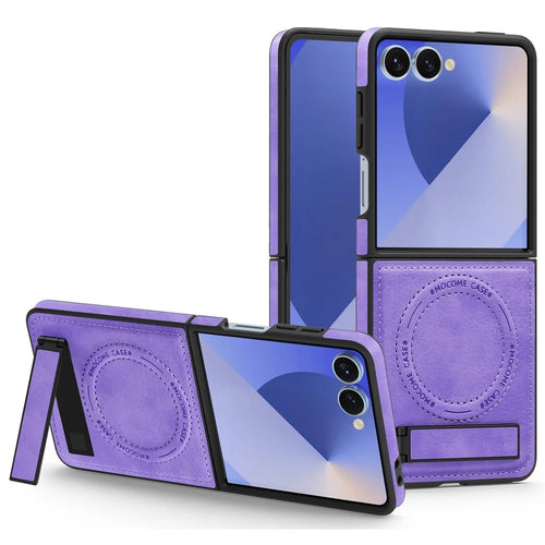 For Samsung Galaxy Z Flip7 5G Magnetic Case with Folded Kickstand PC Silicone Leather Phone Back Cover - Light Purple - 1