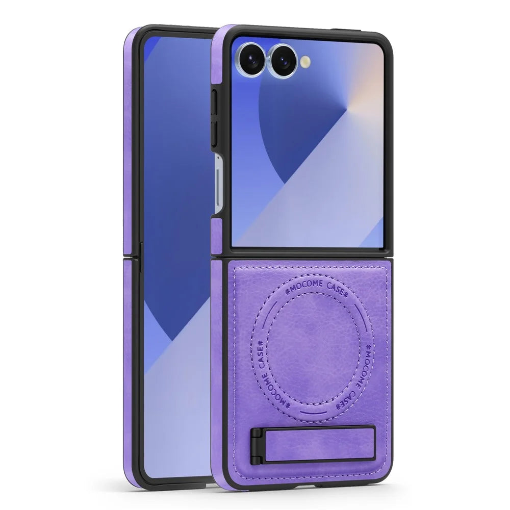 For Samsung Galaxy Z Flip7 5G Magnetic Case with Folded Kickstand PC Silicone Leather Phone Back Cover - Light Purple - 2