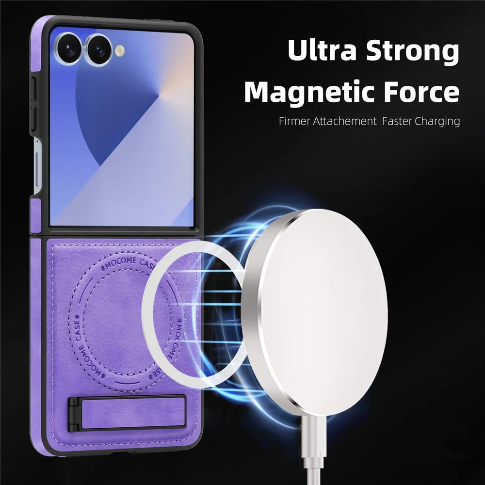 For Samsung Galaxy Z Flip7 5G Magnetic Case with Folded Kickstand PC Silicone Leather Phone Back Cover - Light Purple - 3