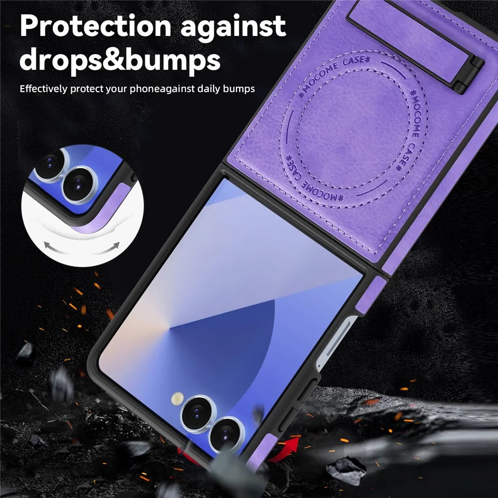 For Samsung Galaxy Z Flip7 5G Magnetic Case with Folded Kickstand PC Silicone Leather Phone Back Cover - Light Purple - 4
