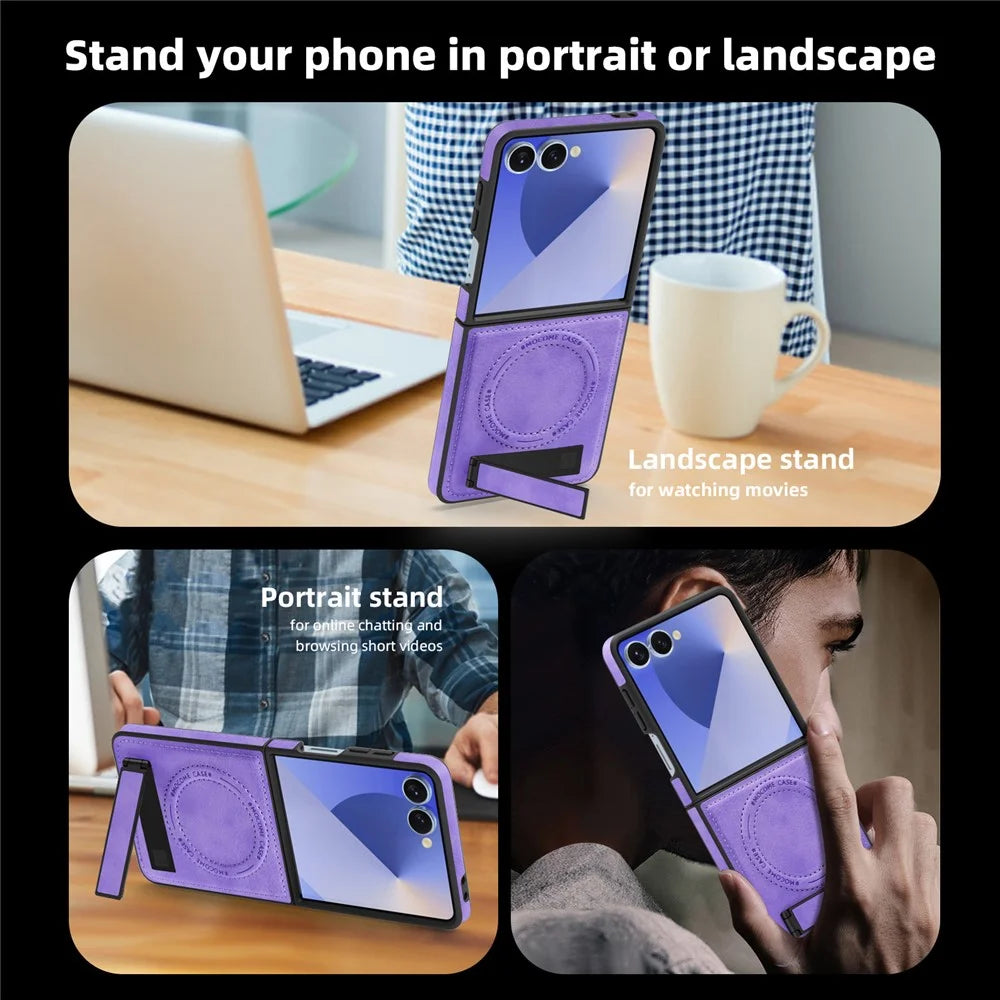 For Samsung Galaxy Z Flip7 5G Magnetic Case with Folded Kickstand PC Silicone Leather Phone Back Cover - Light Purple - 6