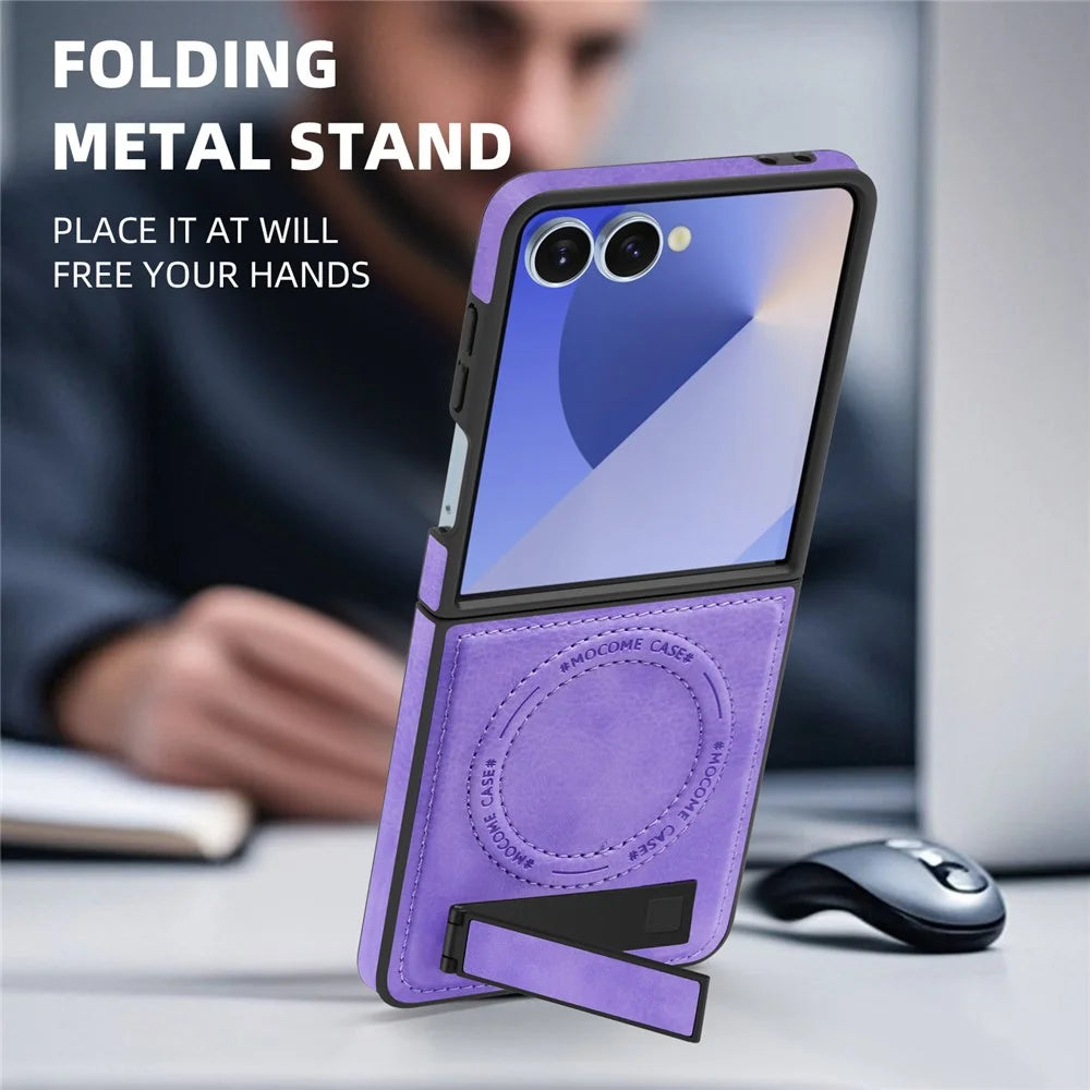 For Samsung Galaxy Z Flip7 5G Magnetic Case with Folded Kickstand PC Silicone Leather Phone Back Cover - Light Purple - 7