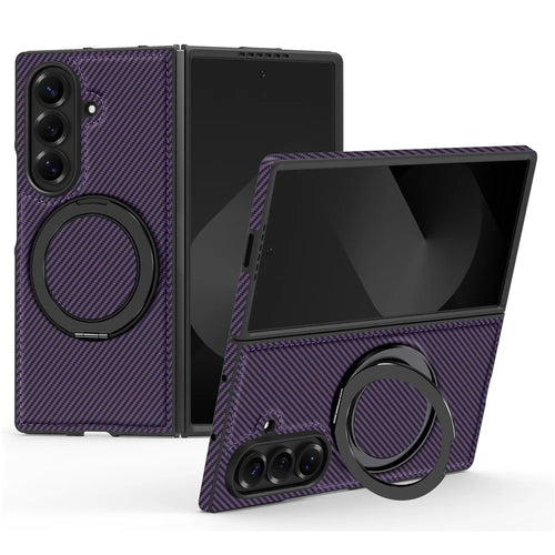 For Samsung Galaxy Z Fold7 5G Magnetic Case Carbon Fiber Texture PU + TPU Kickstand Phone Cover - Dark Purple - 1