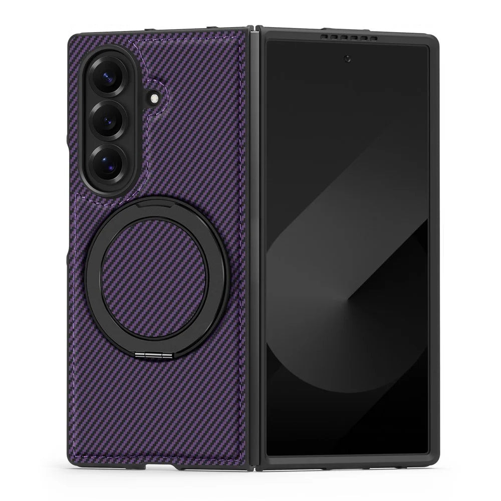 For Samsung Galaxy Z Fold7 5G Magnetic Case Carbon Fiber Texture PU + TPU Kickstand Phone Cover - Dark Purple - 2