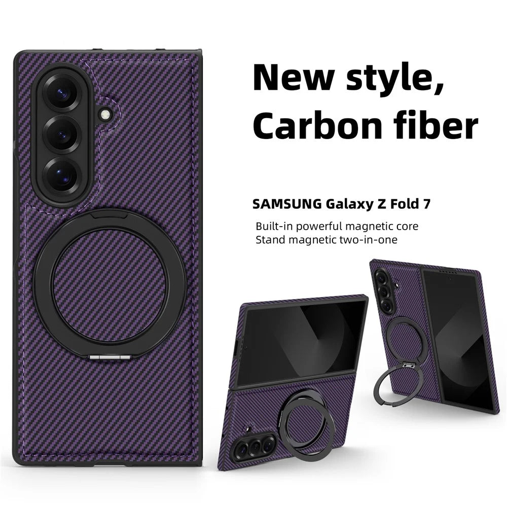 For Samsung Galaxy Z Fold7 5G Magnetic Case Carbon Fiber Texture PU + TPU Kickstand Phone Cover - Dark Purple - 3