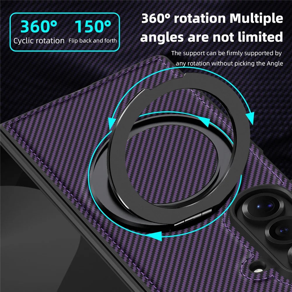 For Samsung Galaxy Z Fold7 5G Magnetic Case Carbon Fiber Texture PU + TPU Kickstand Phone Cover - Dark Purple - 5