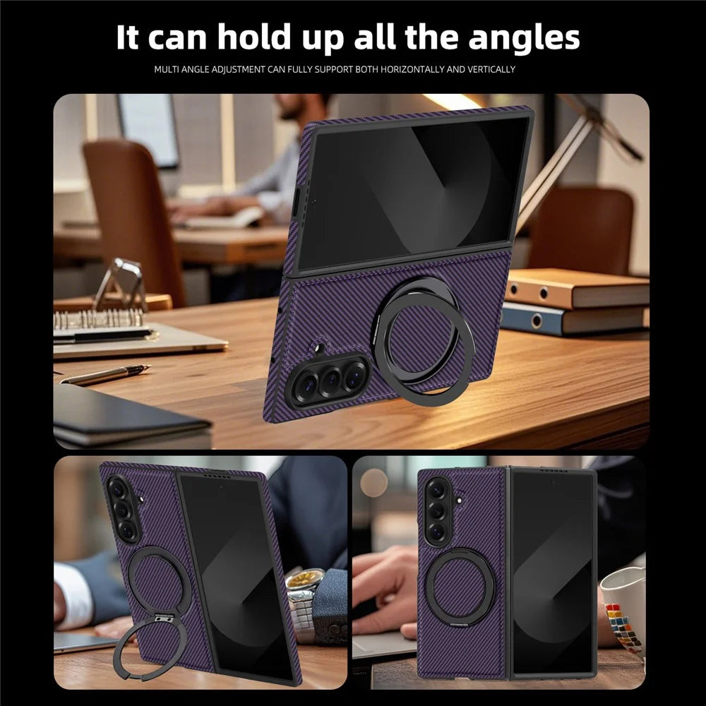 For Samsung Galaxy Z Fold7 5G Magnetic Case Carbon Fiber Texture PU + TPU Kickstand Phone Cover - Dark Purple - 7