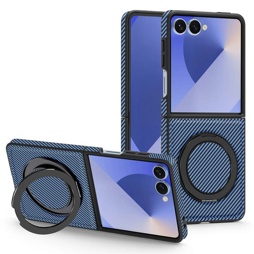 For Samsung Galaxy Z Flip7 5G Magnetic Case Carbon Fiber Texture PU + TPU Kickstand Phone Cover - Blue - 1