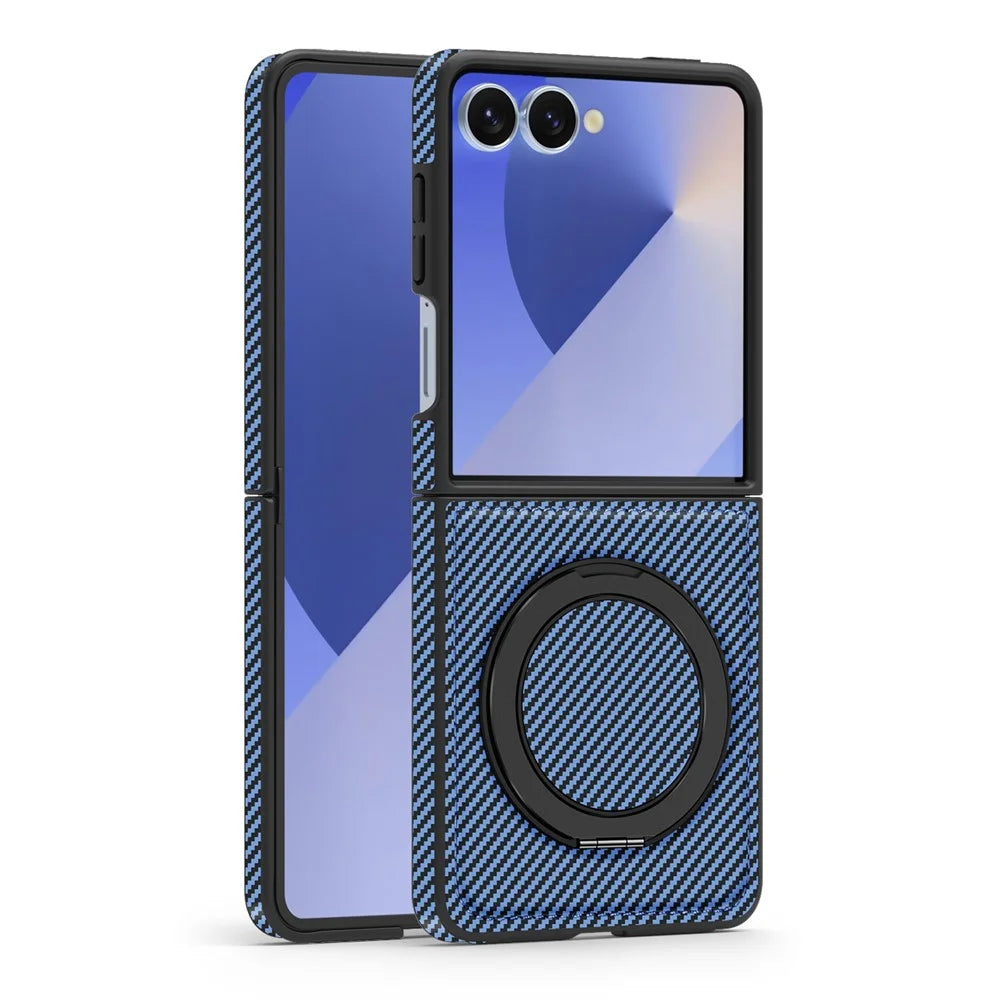 For Samsung Galaxy Z Flip7 5G Magnetic Case Carbon Fiber Texture PU + TPU Kickstand Phone Cover - Blue - 2