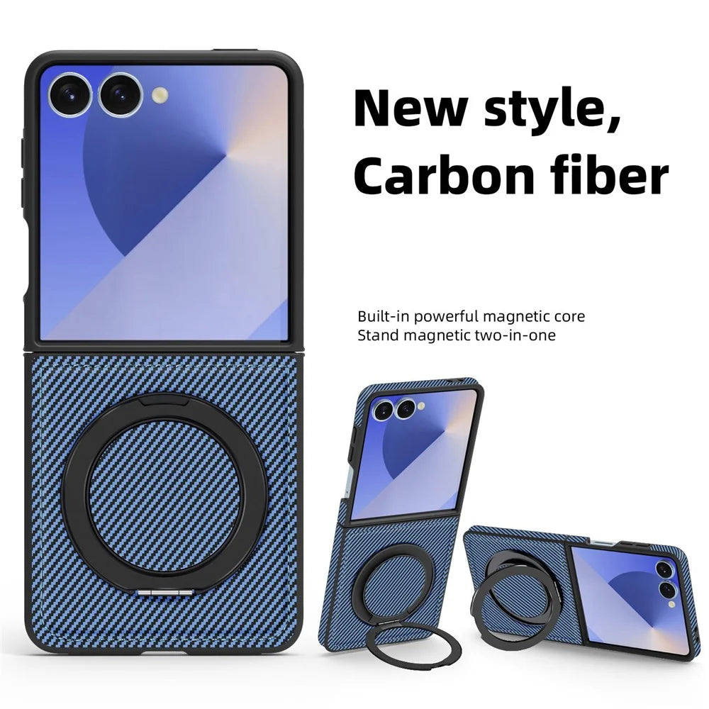 For Samsung Galaxy Z Flip7 5G Magnetic Case Carbon Fiber Texture PU + TPU Kickstand Phone Cover - Blue - 3
