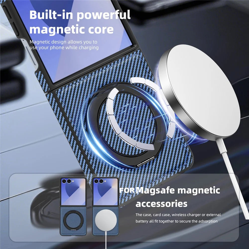 For Samsung Galaxy Z Flip7 5G Magnetic Case Carbon Fiber Texture PU + TPU Kickstand Phone Cover - Blue - 4