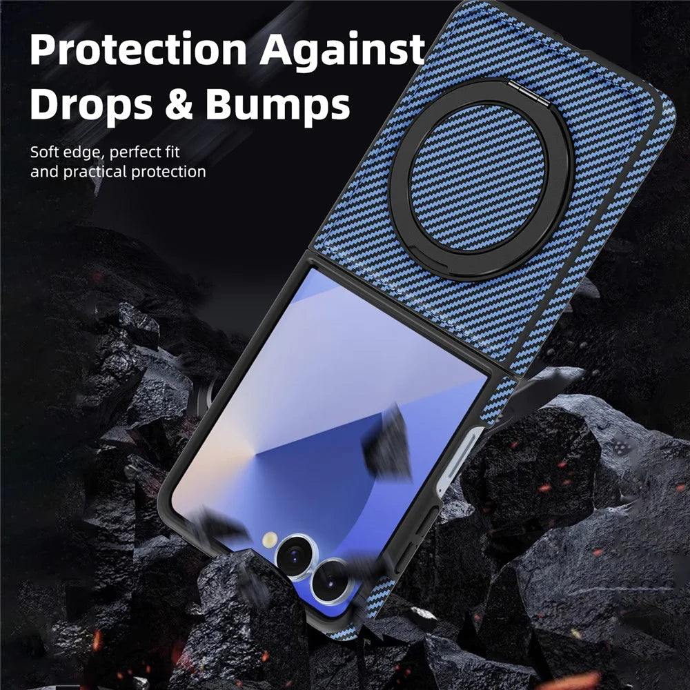 For Samsung Galaxy Z Flip7 5G Magnetic Case Carbon Fiber Texture PU + TPU Kickstand Phone Cover - Blue - 6