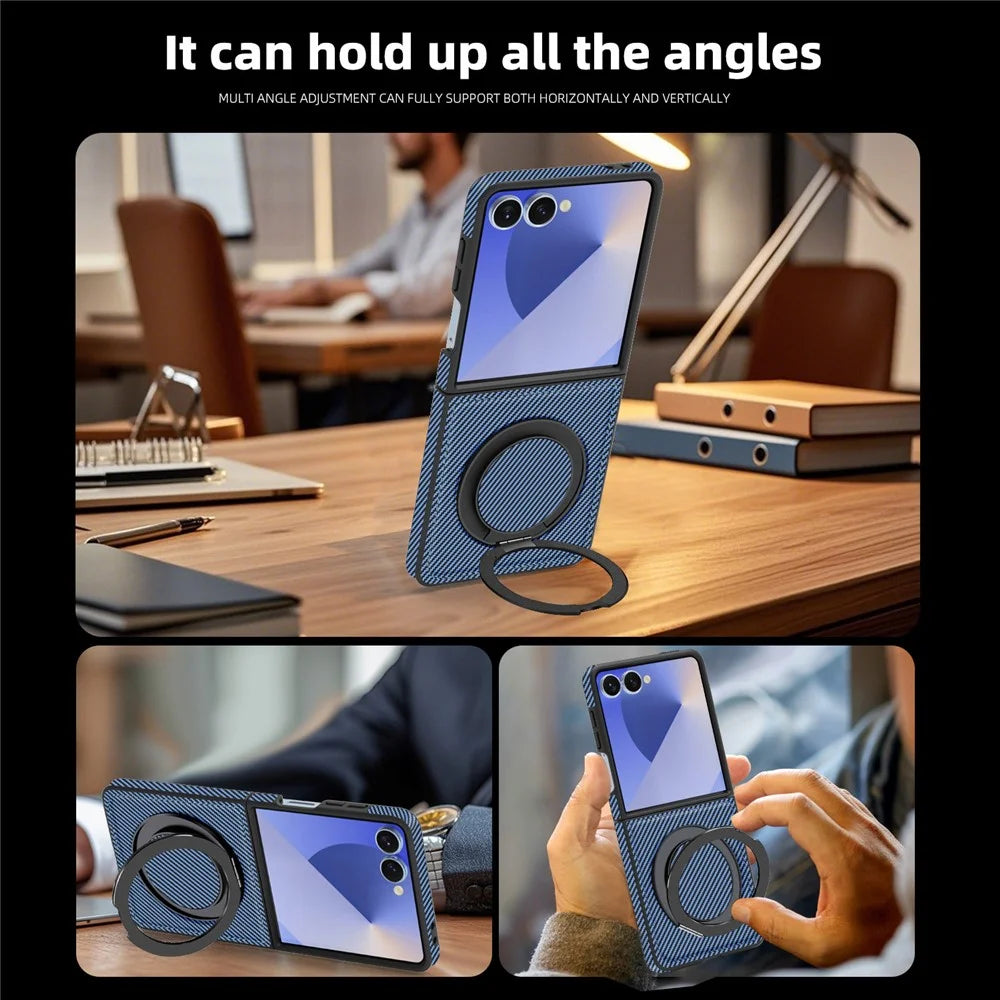 For Samsung Galaxy Z Flip7 5G Magnetic Case Carbon Fiber Texture PU + TPU Kickstand Phone Cover - Blue - 7