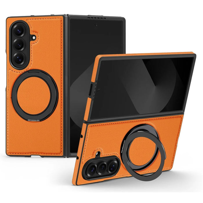 For Samsung Galaxy Z Fold7 5G Case with Ring Kickstand Magnetic Case PU Leather Back Cover - Orange - 1