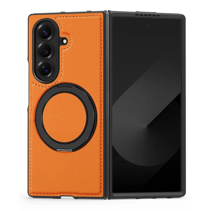 For Samsung Galaxy Z Fold7 5G Case with Ring Kickstand Magnetic Case PU Leather Back Cover - Orange - 2