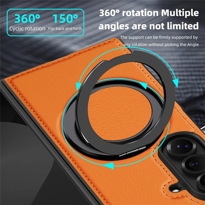 For Samsung Galaxy Z Fold7 5G Case with Ring Kickstand Magnetic Case PU Leather Back Cover - Orange - 3