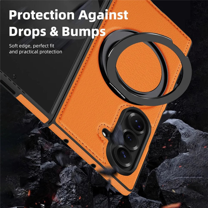 For Samsung Galaxy Z Fold7 5G Case with Ring Kickstand Magnetic Case PU Leather Back Cover - Orange - 4