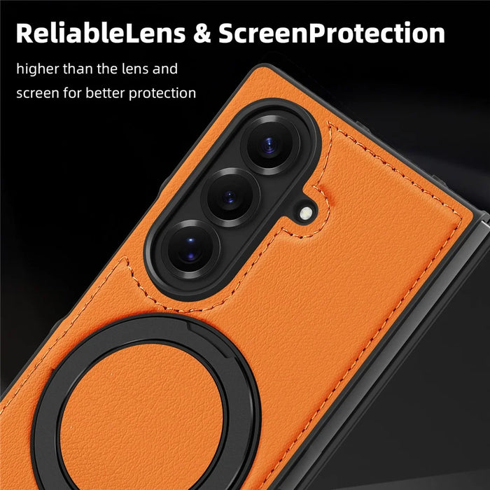 For Samsung Galaxy Z Fold7 5G Case with Ring Kickstand Magnetic Case PU Leather Back Cover - Orange - 5