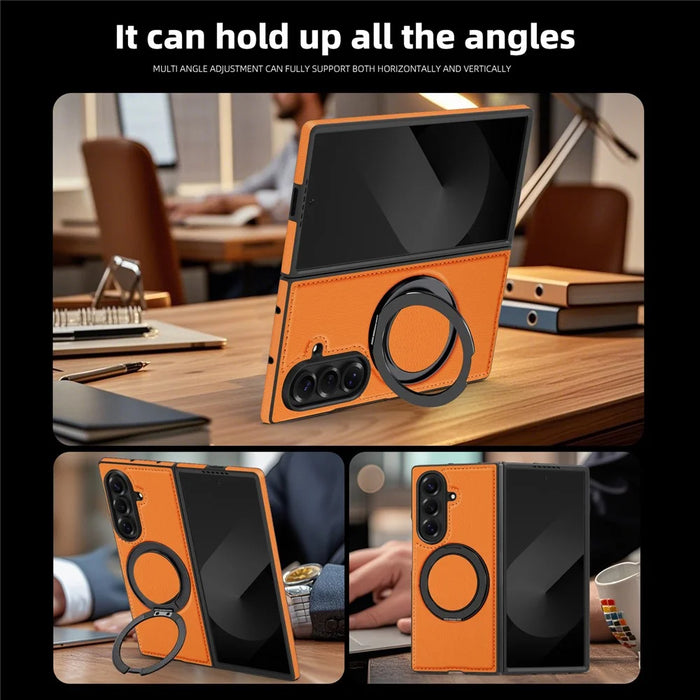 For Samsung Galaxy Z Fold7 5G Case with Ring Kickstand Magnetic Case PU Leather Back Cover - Orange - 7