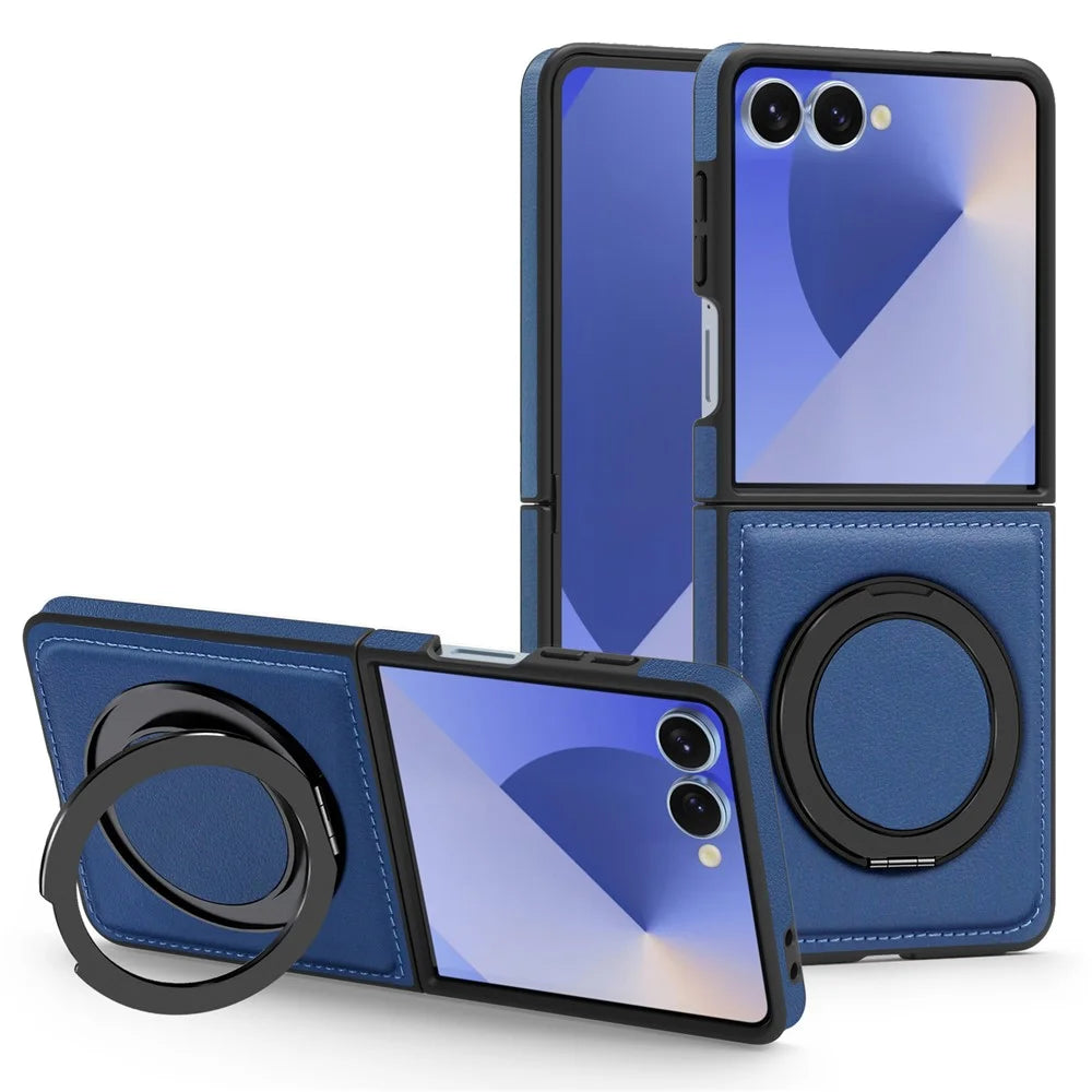 For Samsung Galaxy Z Flip7 5G Case with Ring Kickstand Magnetic Case PU Leather Back Cover - Sapphire - 1