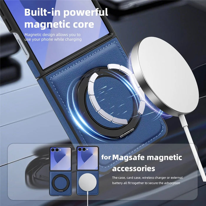 For Samsung Galaxy Z Flip7 5G Case with Ring Kickstand Magnetic Case PU Leather Back Cover - Sapphire - 3