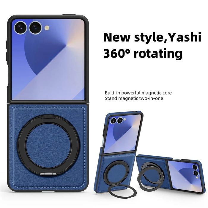 For Samsung Galaxy Z Flip7 5G Case with Ring Kickstand Magnetic Case PU Leather Back Cover - Sapphire - 5