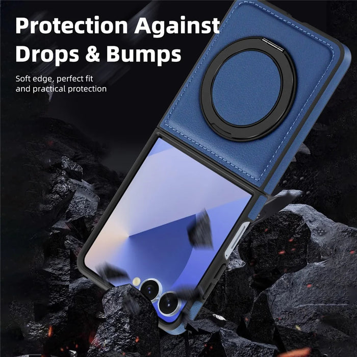 For Samsung Galaxy Z Flip7 5G Case with Ring Kickstand Magnetic Case PU Leather Back Cover - Sapphire - 6