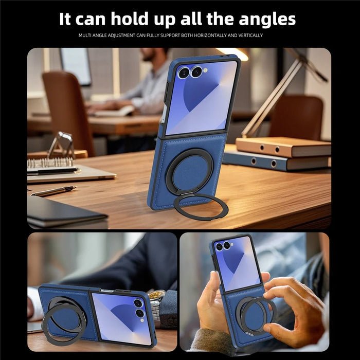 For Samsung Galaxy Z Flip7 5G Case with Ring Kickstand Magnetic Case PU Leather Back Cover - Sapphire - 7